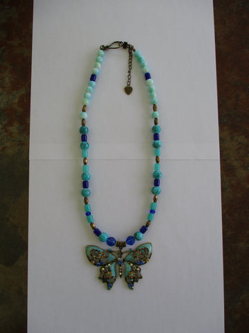 Turquoise Dark Blue Glass Beads Bronze Beads Butterfly Pendant Necklace (N1468)
