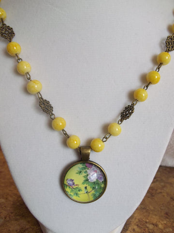 Yellow glass bead/bronze Flower Necklace (N174)