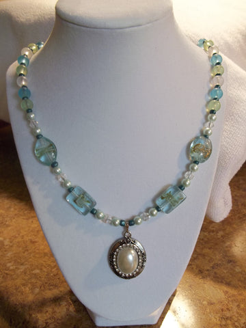 See thru Aqua glass Bead Silver Pearl Pendant Necklace (N237)