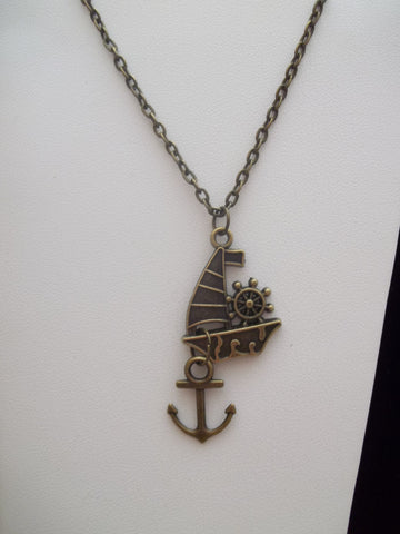 Bronze Sail Boat w/Anchor Necklace (N407)
