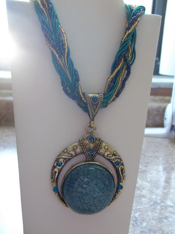 Blue Braided Glass Circle Necklace (N428)