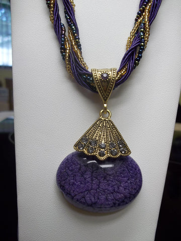 Purple Braided Cone w/Oval Glass Bead Necklace (N431)
