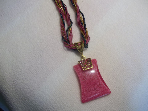 Pink Braided Rectangle Bead Necklace (N464)