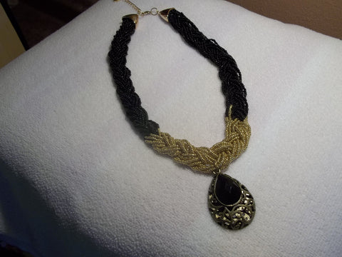Black/Gold Braided Glass Bead w/Black Bronze Hollow Tear Drop Pendant Necklace (N475)
