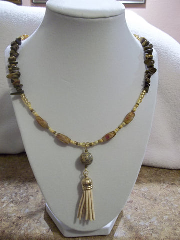 Gold/Brown Glass Bead Rocks w/Tan Tassel Necklace (N599)