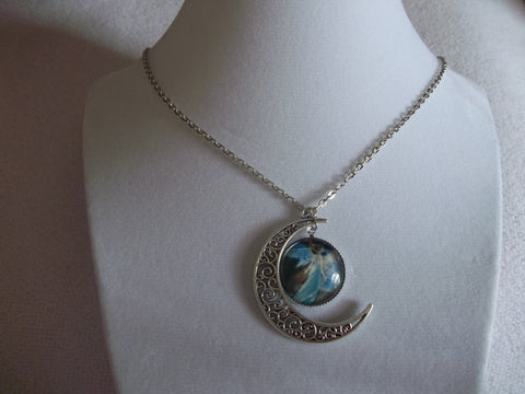 Silver Moon w/Blue Walking Angel Bubble Necklace (N600)