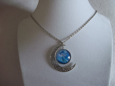 Silver Moon Blue Angel Flying Bubble Necklace (N601)