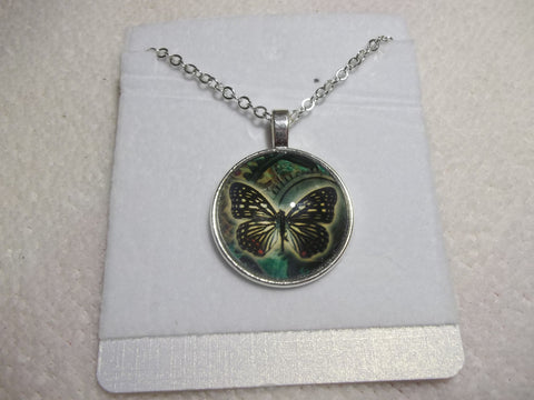 Silver Bubble Black/Green Butterfly Necklace (N638)