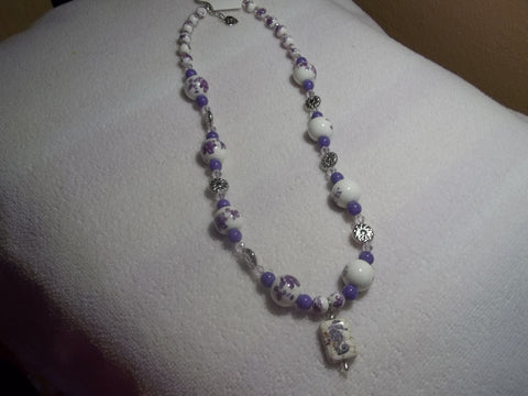 Silver Purple/White Glass Bead w/ glass Seahorse Necklace (N672)
