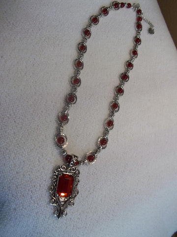 Silver Red Glass Beads Silver Beads Red Pendant Necklace (N723)