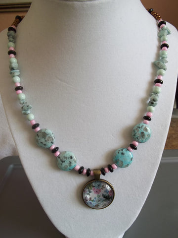 Bubble Bronze Pink Blue Black Glass Beads w/Flower Pendant Necklace (N755)