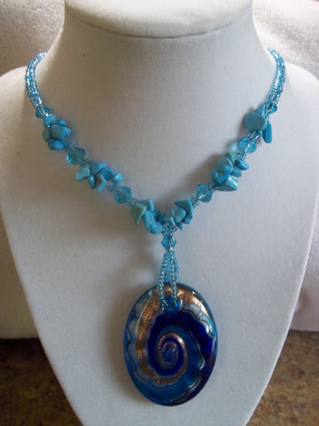 Blue Rock Chips Seed Beads Oval Glass Pendant Necklace (N771)