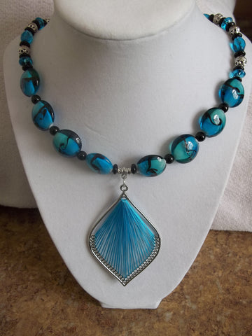 Blue Black Glass Beads w/Silver Blue Thread Pendant Necklace (N780)