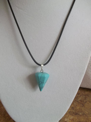 Black Leather Turquoise Cone Healing Crystal Necklace (N797)