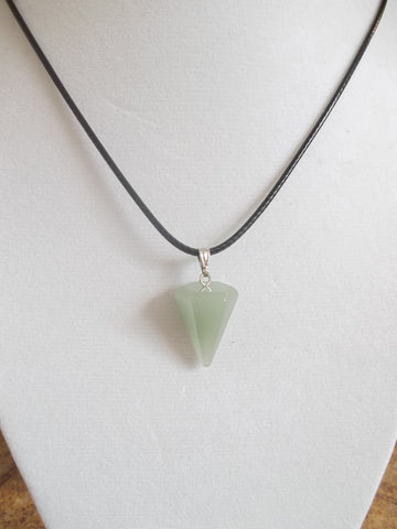 Black Leather Jade Green Cone Healing Crystal Necklace (N802)