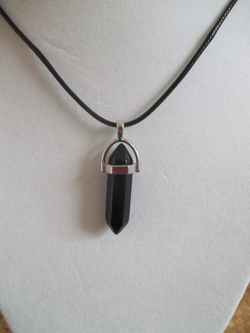 Black Leather Black Healing Crystal Necklace (N808)