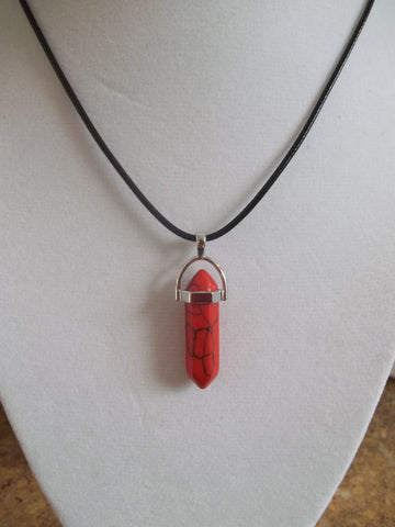 Black Leather Red Crackle Healing Crystal Necklace (N809)
