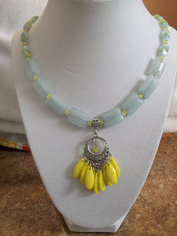 Silver Yellow Pendant Rectangle Blue Glass Beads Yellow Glass Beads Necklace (N825)