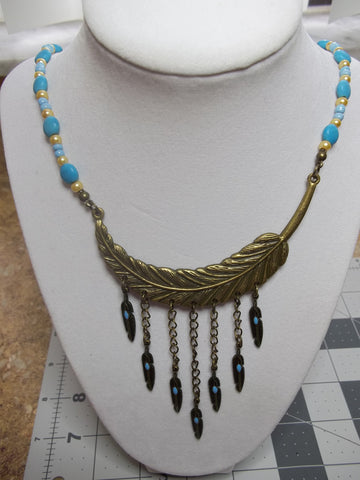 Blue Gold Glass Beads Bronze Feather Hanging Feathers Necklace (N904)