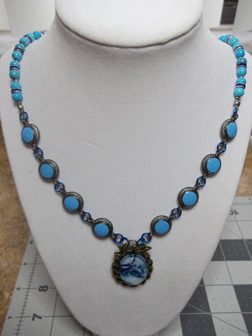 Metal Blue Beads Glass Beads Bling Blue Bird Bronze Pendant Necklace (N921)