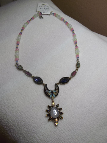 Clear, Pink, Green, Blue, and Gold Glass Beads Multi Color Bling Pendant Necklace (N947)
