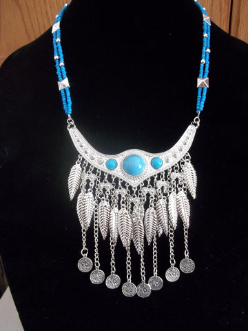 Silver Leaf Coin Blue Glass Beads Necklace (N968)