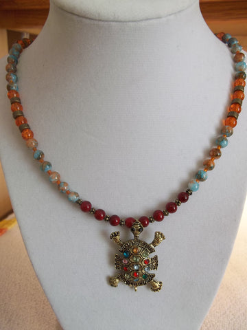Bronze Turtle Bling Glass Bead Necklace (N973)