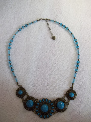 Blue Glass Beads, Bronze Beads, Bronze Blue Bib Necklace (N994)