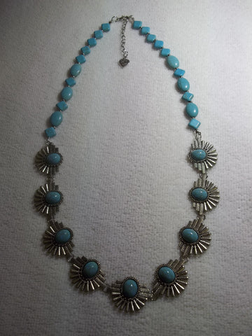 Silver Metal Scalloped Bib, Turquoise Glass Beads Necklace (N998)