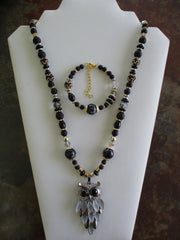 Black Clear Glass Beads Gold Beads Owl Pendant Necklace Bracelet Set (NB212)