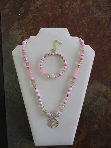Gold Pink Glass Beads Bunny Pendant Necklace Bracelet Set (NB217)