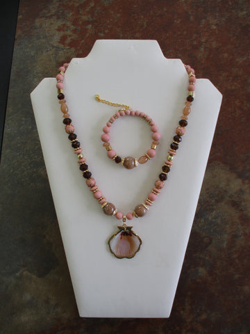 Gold Tan Brown Glass Beads Shell Pendant Necklace Bracelet Set (NB218)
