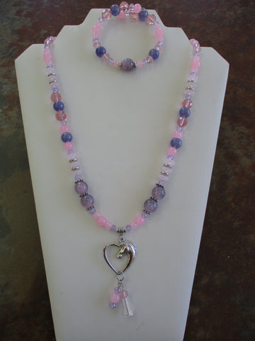 Pink Purple Glass Beads Silver Horse Heart Pendant Necklace Memory Wire Bracelet Set (NB224)