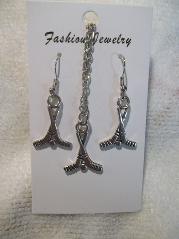 Silver Hockey Sticks and Puck Necklace Earrings Set (NE439)