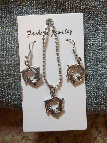 Silver Triple Dolphin Necklace Earring set (NE441)