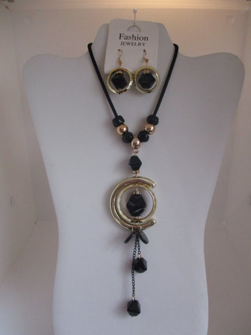 Black Tube Chain Gold Rings Black Beads Necklace Earrings Set (NE446)
