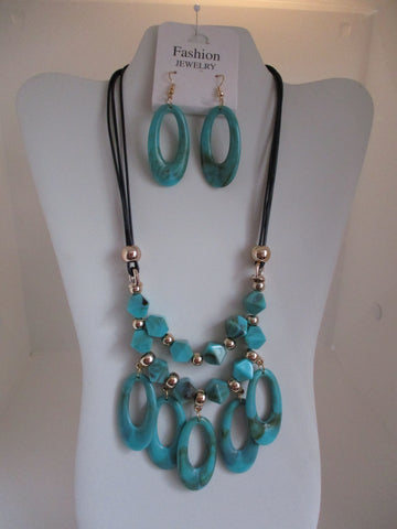 Black Cord Gold Beads Turquoise Beads Necklace Earrings Set (NE447)