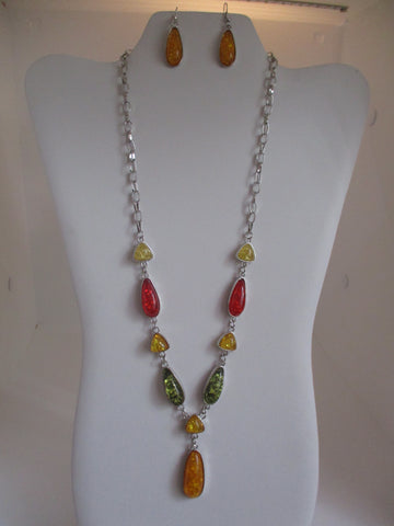 Silver Chain Red Yellow Green Tear Drop Crackle Silver Beads Necklace Earrings Set (NE451)
