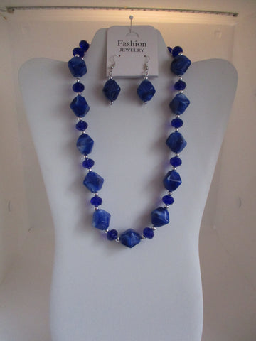 Silver Blue Beads Necklace Earrings Set (NE458)