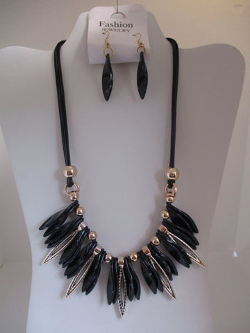Black Cord Black Gold Twist Beads Necklace Earrings Set (NE459)