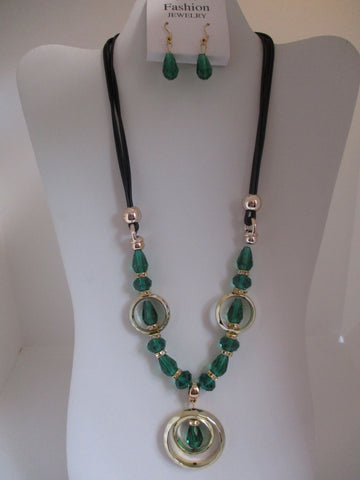 Black Cord Green Tear Drop Bling Beads Gold Rings Necklace Earrings Set (NE464)