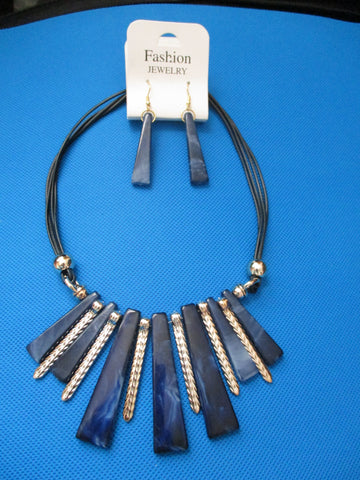 Black Cord Blue Gold Long Flat Beads Necklace Earrings Set (NE468)