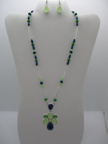 Silver Tubes Green Blue Glass Beads Pendant Necklace Earring Set (NE477)