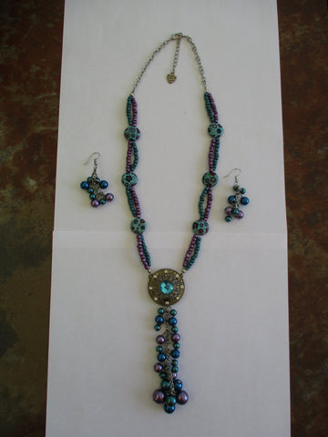 Purple Dark Turquiose Glass Beads Seed Beads Pearls Bling Pendant Necklace Earring Set (NE495)