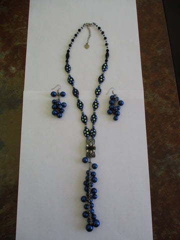 Silver Black Pendant Silver Blue Black Glass Beads Pearls Neck Tie Necklace Earring Set (NE496)