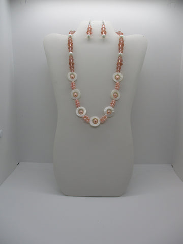 White Mother of Pearl Circle with Pink Pearls White Pearls Glass Crystal Beads Necklace Earring Set (NE479)
