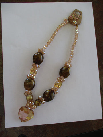 Bronze Gold Glass Beads Glass Heart Pendant Necklace Earrings Set (NE485)