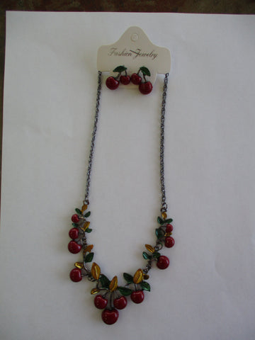 Dark Gray Chain Cherries Bib Necklace Earrings Set (NE486)