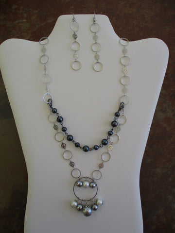 Silver Dark Gray Light Gray White Pearls Double Row Necklace Earrings Set (NE500)