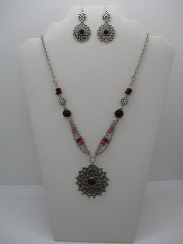 Silver Chain Pink Burgundy Beads Silver Flower Pendant Necklace Earring Set (NE503)